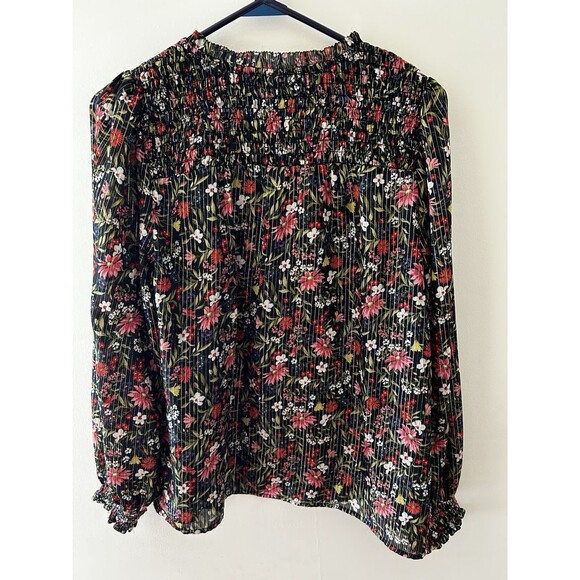 Old Navy Chiffon Shiny Peasant Top Blouse Size M Keyhole Smocked Long Sleeve - Picture 4 of 6